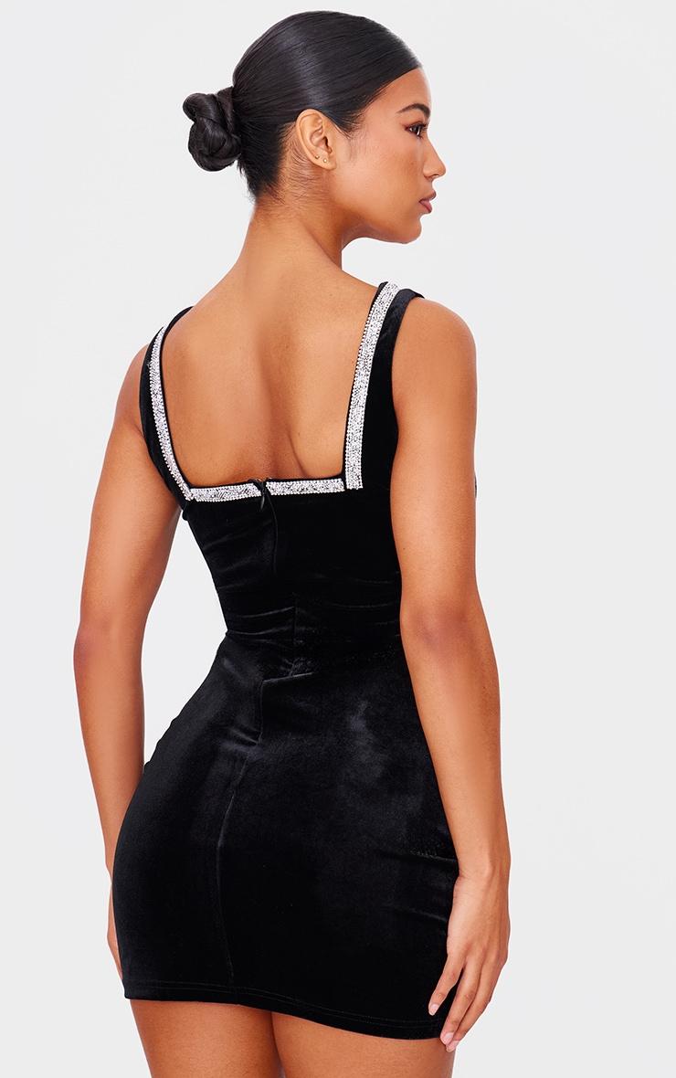 Black Velvet Diamante Detail Trim Mini Dress Product Image