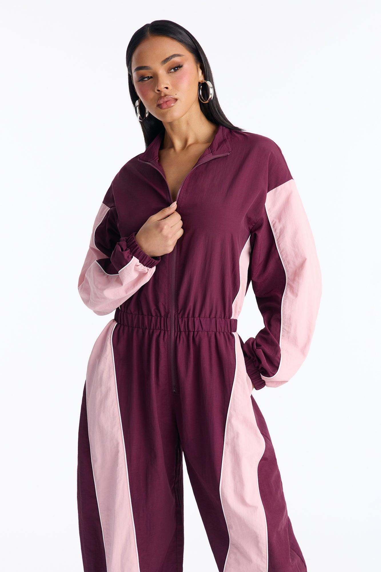 Willow Windbreaker Contrast Trim Jumpsuit - Wine/combo Female Product Image