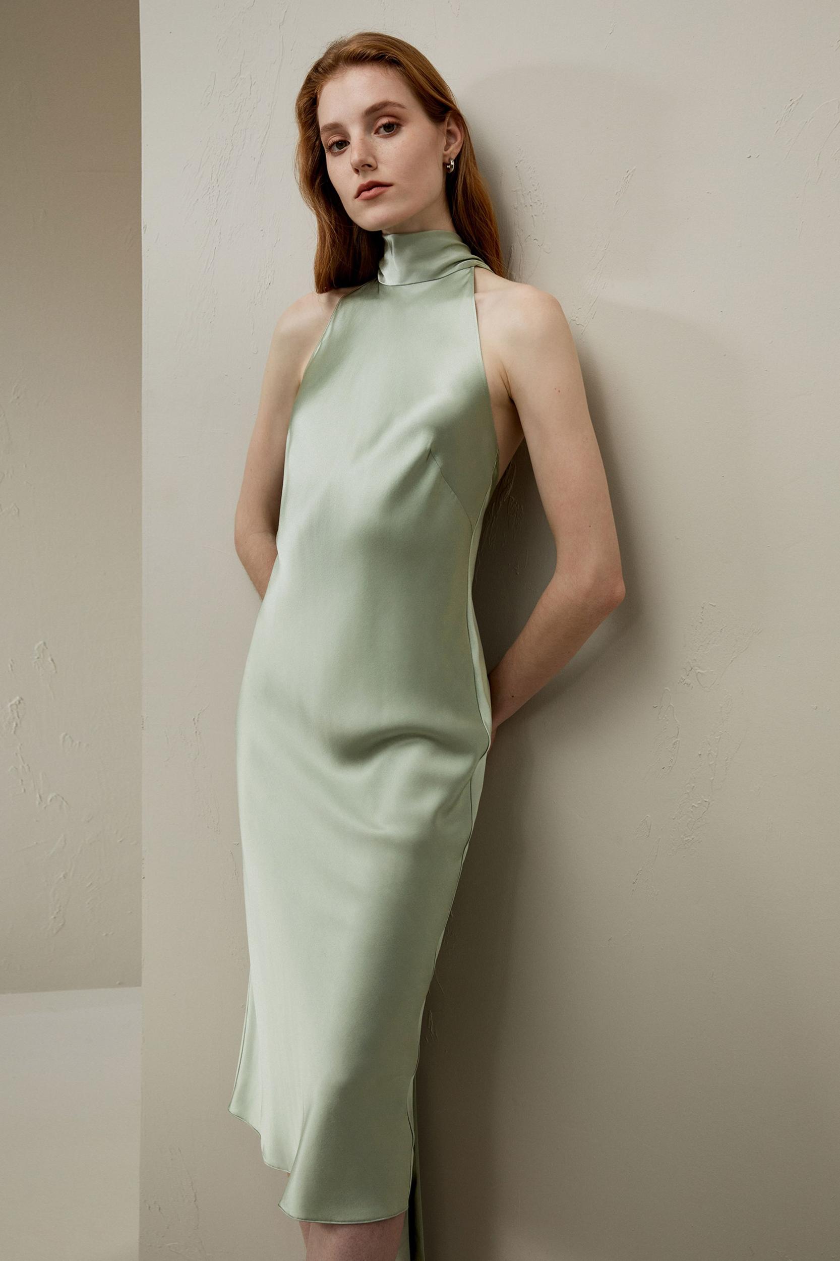 Halter Neck Open Back Silk Dress Product Image