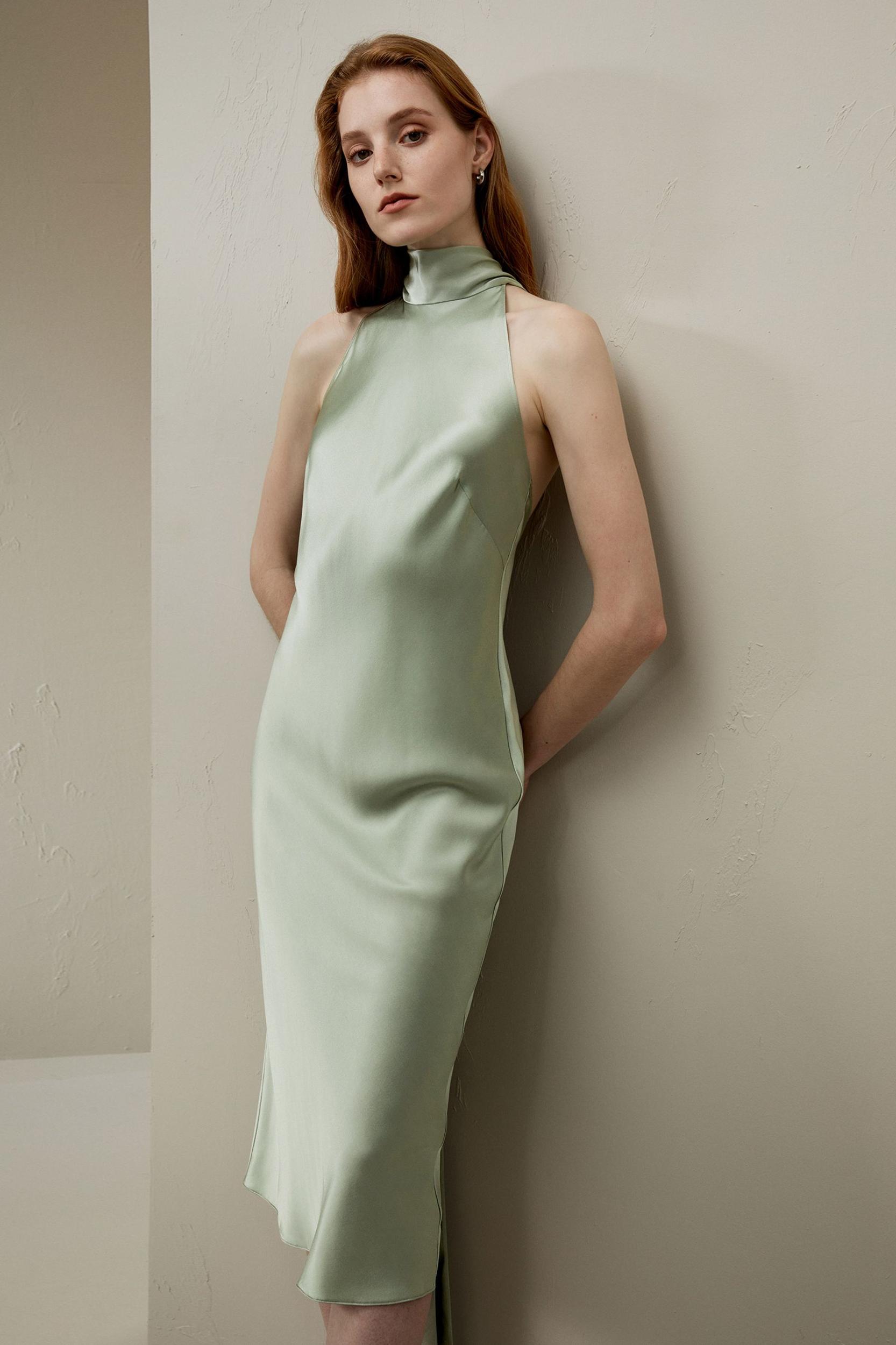 LILYSILK Women's Silk Charmeuse Elegant Halter Neck Open Back Dress Aqua Green 0 Product Image