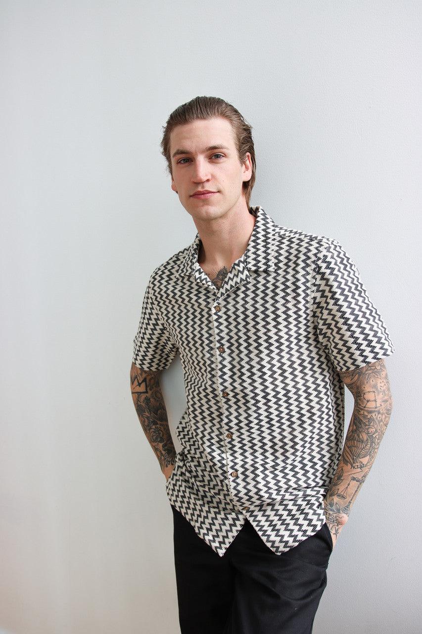 Natural Zigzag Textured Knit Button Up Shirt Product Image