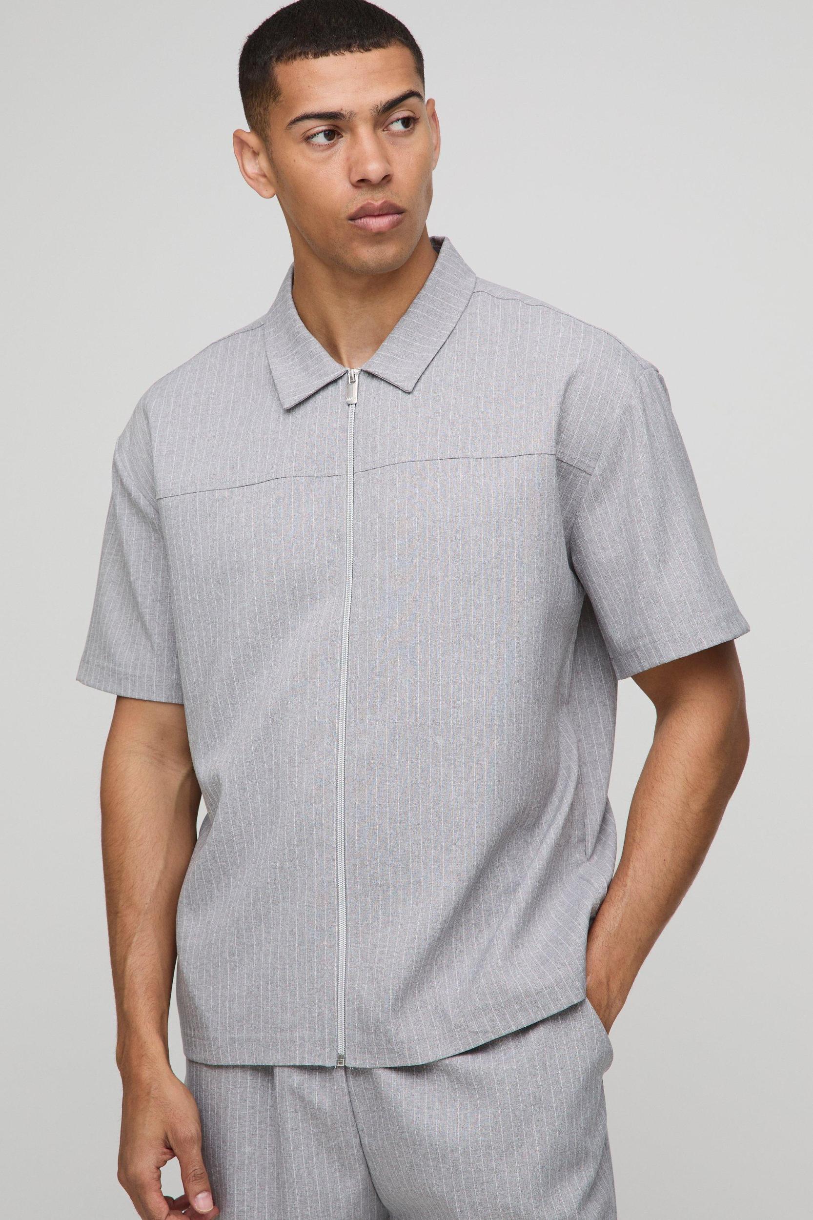 Oversized Short Sleeve Stripe Zip Up Shirt | boohooMAN USA Product Image