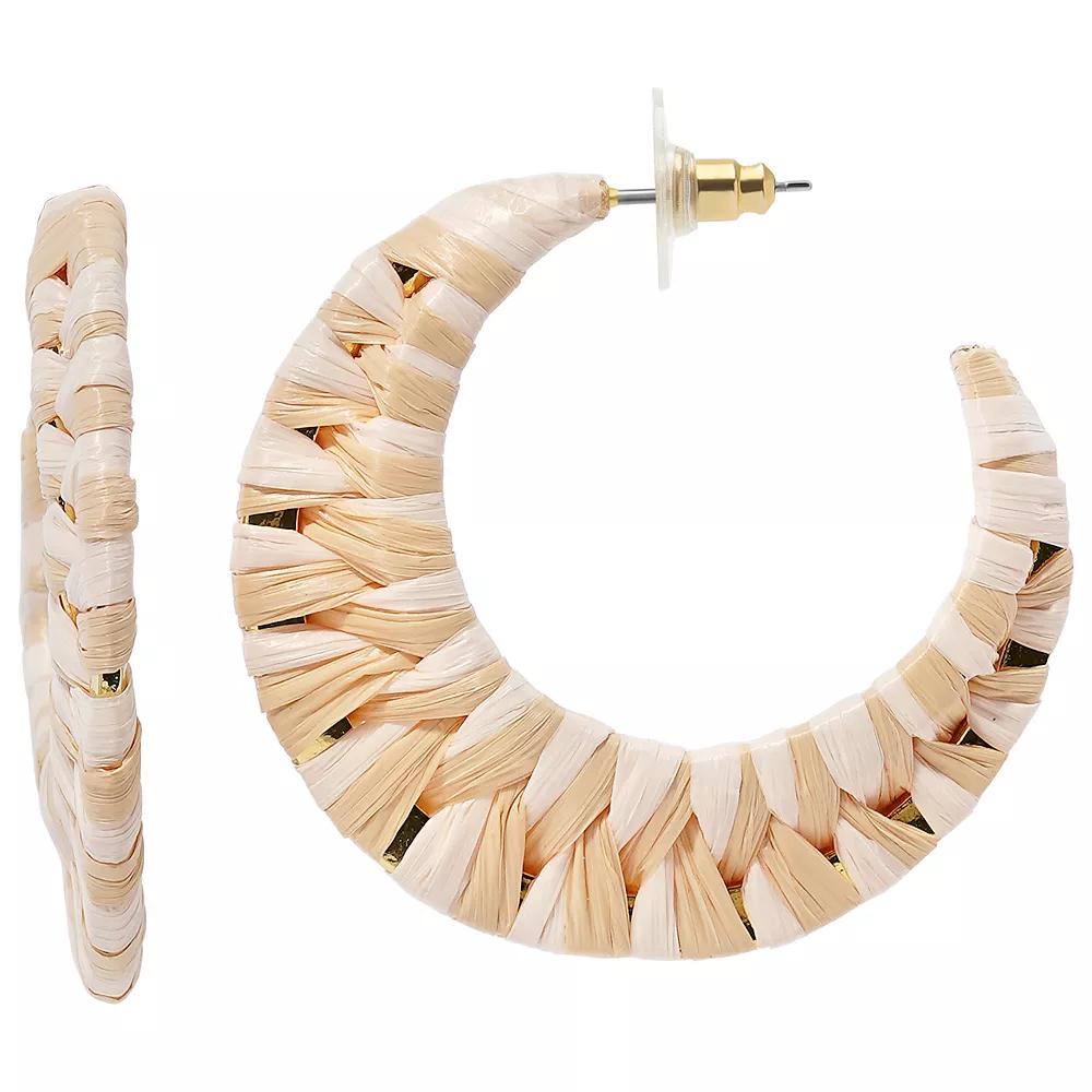 Emberly Gold Tone White Tone Raffia Wrapped J Hoop Earrings, Women's Product Image