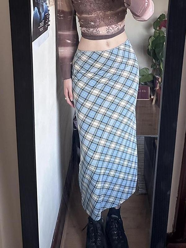 Retro Plaid Patchwork Maxi Skirt Product Image
