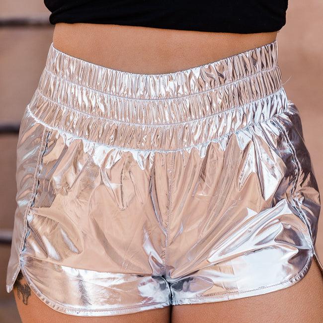 Errands To Run Silver Metallic High Waisted Athletic Shorts FINAL SALE Product Image