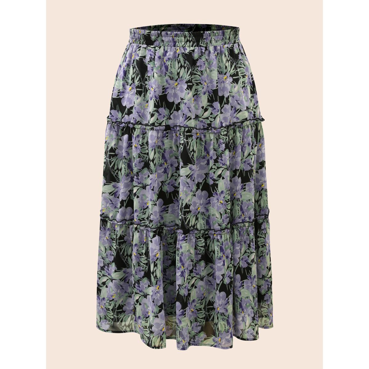 Plus Size Floral Ruffle Layered Hem Skirt Women BlackFlower Elegant No stretch Slanted pocket Everyday Skirts BloomChic 12/L Product Image