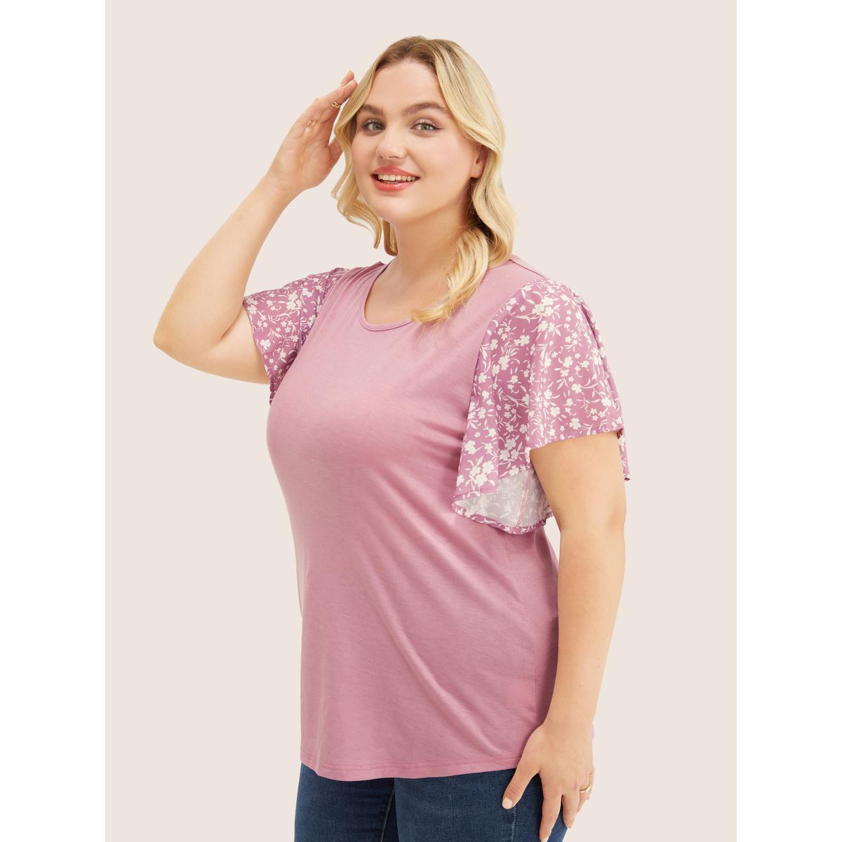 Plus Size Ditsy Floral Ruffle Sleeve Round Neck T-Shirt DustyPink Women Elegant Ditsy Floral Everyday T-shirts BloomChic 18-20/2X Product Image