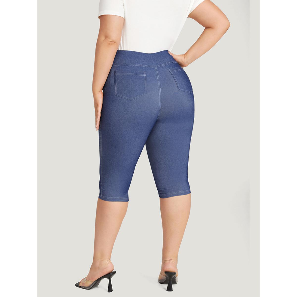 Plus Size Solid Stitch Wideband Waist High Rise Leggings Women Blue Casual High stretch Skinny High Rise Dailywear Leggings BloomChic 10/M Product Image