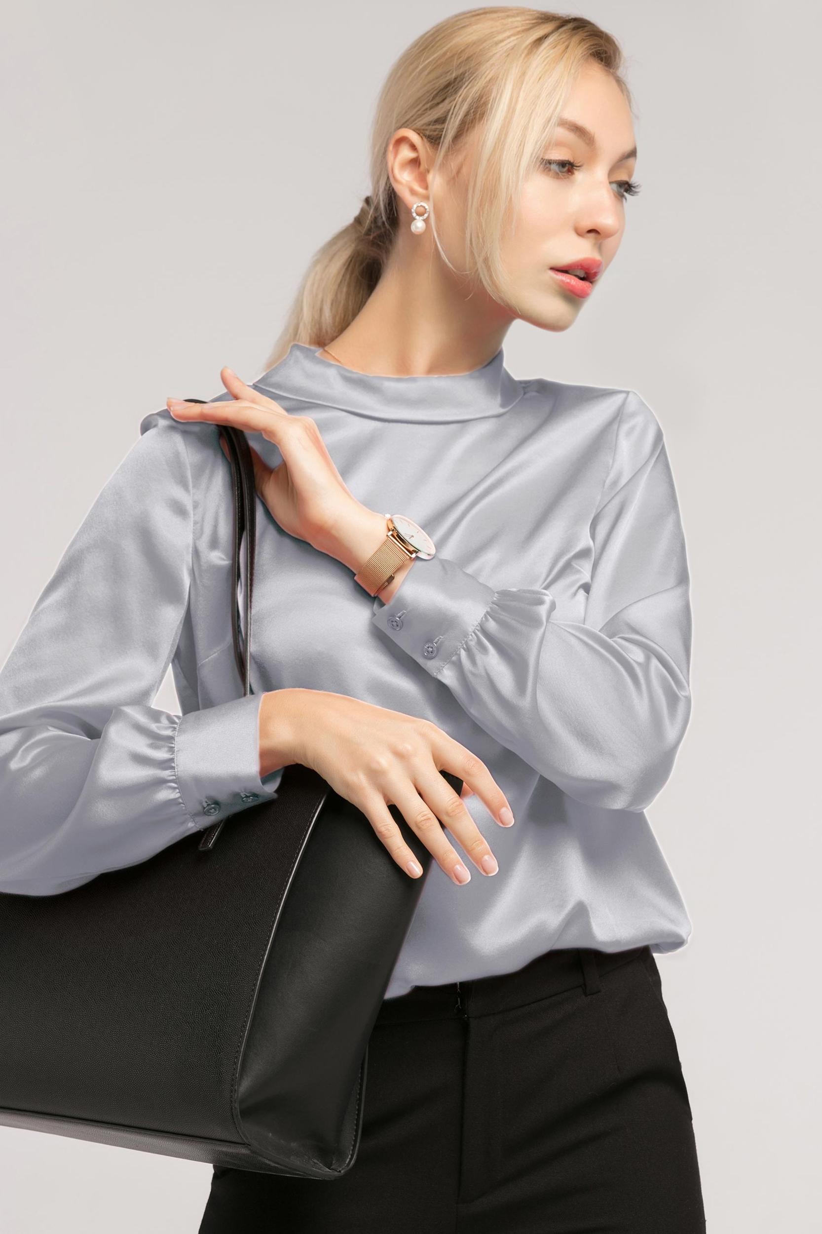 Stand Collar Long Sleeves  Silk Blouse Product Image