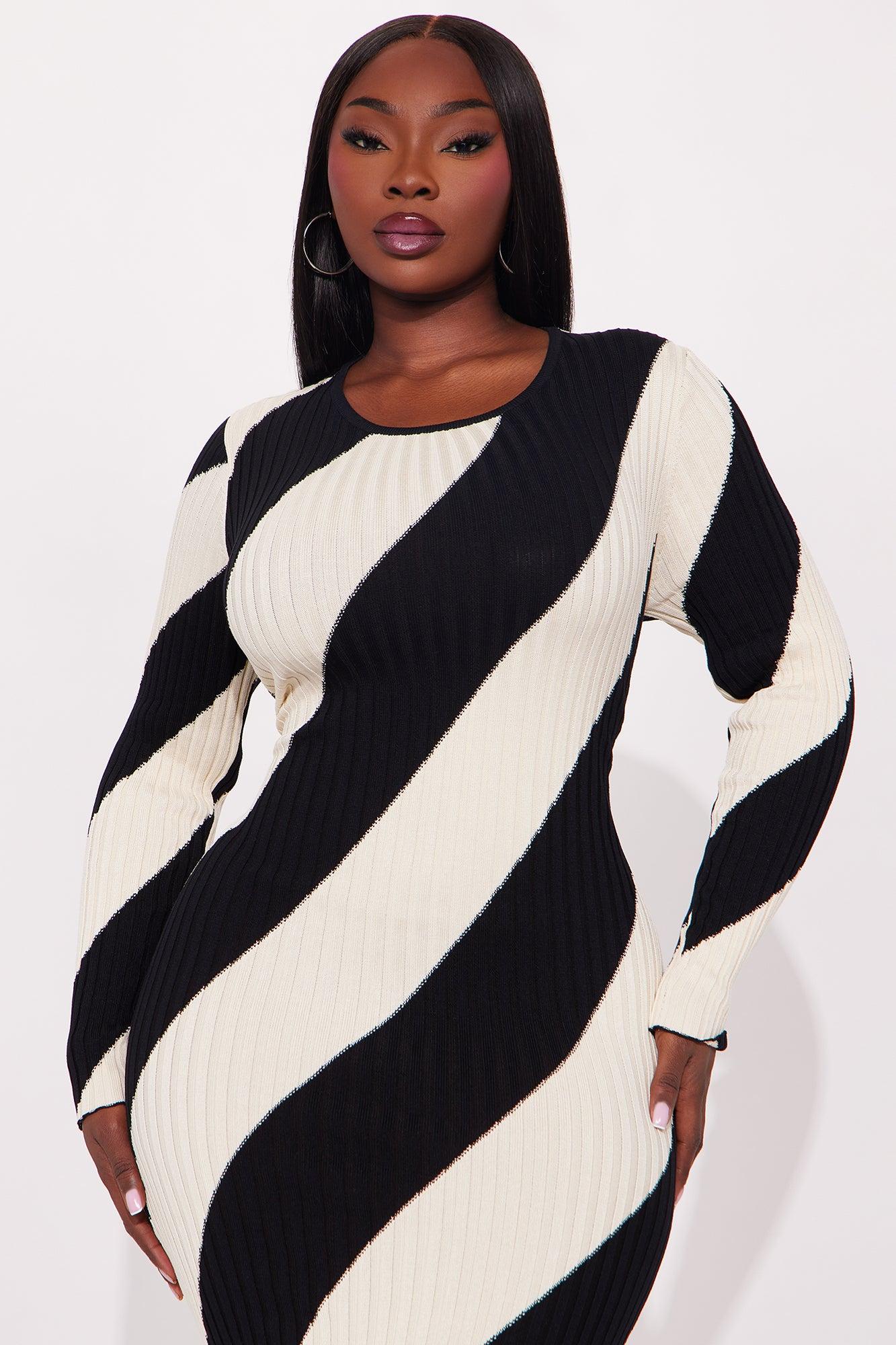 Kiana Striped Ribbed Midi Dress - Black/White Female Product Image