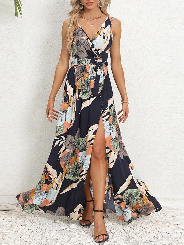 A-Line Loose Flower Print Pleated Split-Front Tied Waist V-Neck Maxi Dresses Product Image
