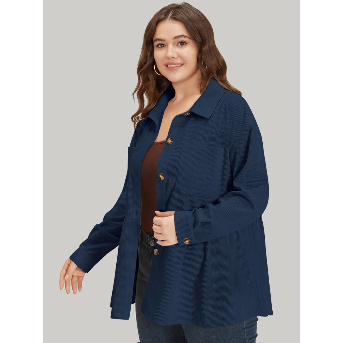 Plus Size Plain Shirt Collar Button Through Ruffle Hem Pocket Coat Women Scarlet Button Casual Jackets BloomChic 26/4X Product Image