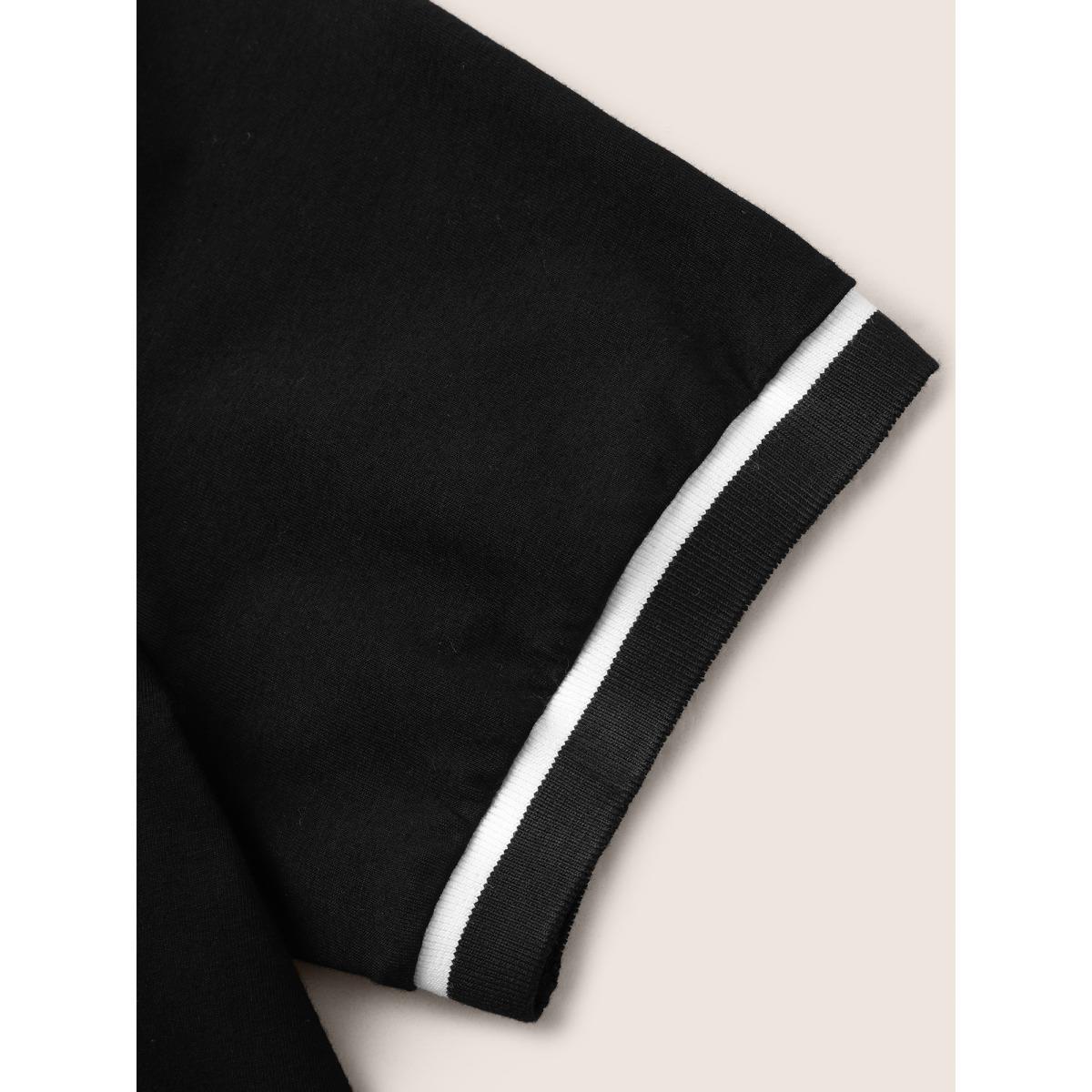 Plus Size Polo Neck Contrast Trim Short Sleeve T-shirt Black Women Casual Contrast Flat collar with V-notch Everyday T-shirts BloomChic 12/L Product Image