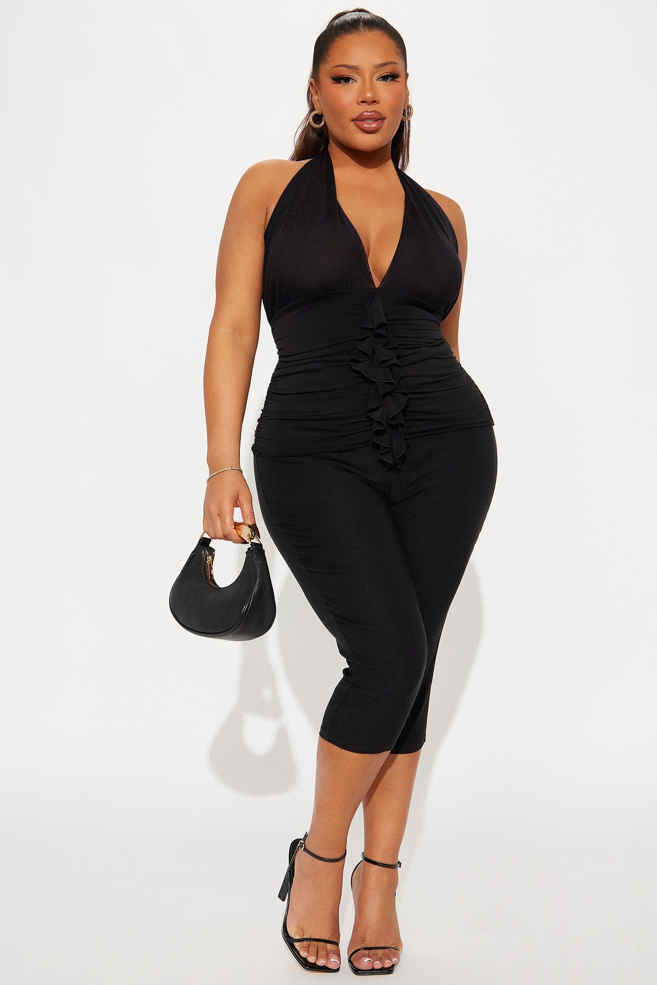 My Darling Ruched Ruffle Halter Top - Black Product Image