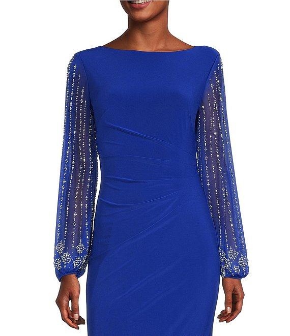 Marina Boat Neck Long Beaded Elastic Cuff Sleeve Matte Jersey Back Slit Sheath Gown Product Image