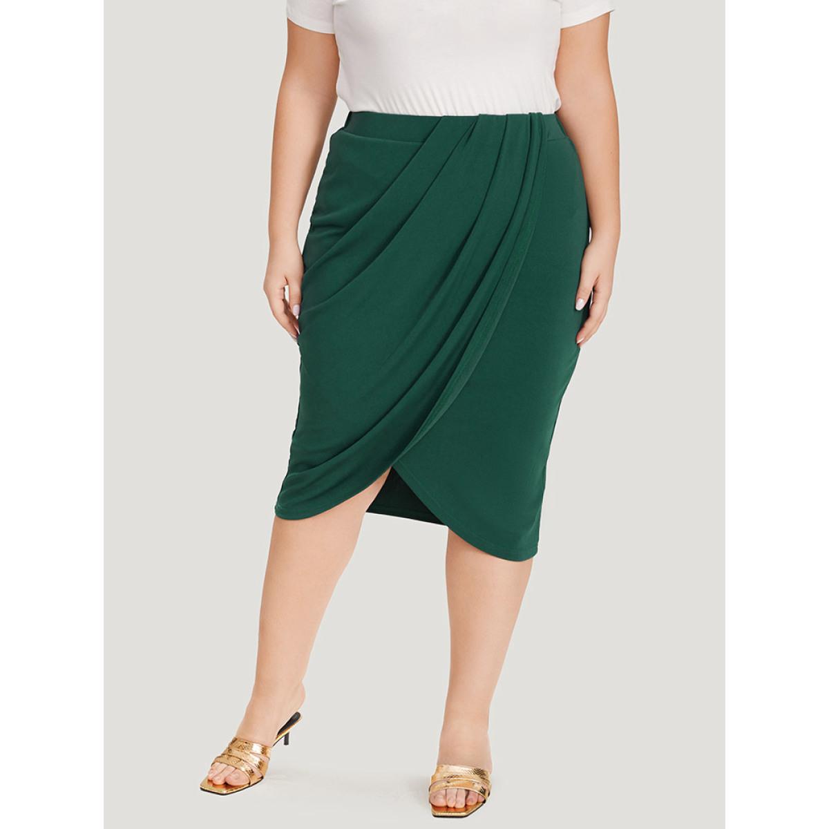 Plus Size Solid Pleated Detail Wrap Hem Skirt Women DarkGreen Office Plain Bodycon No stretch Work Skirts BloomChic 22-24/3X Product Image