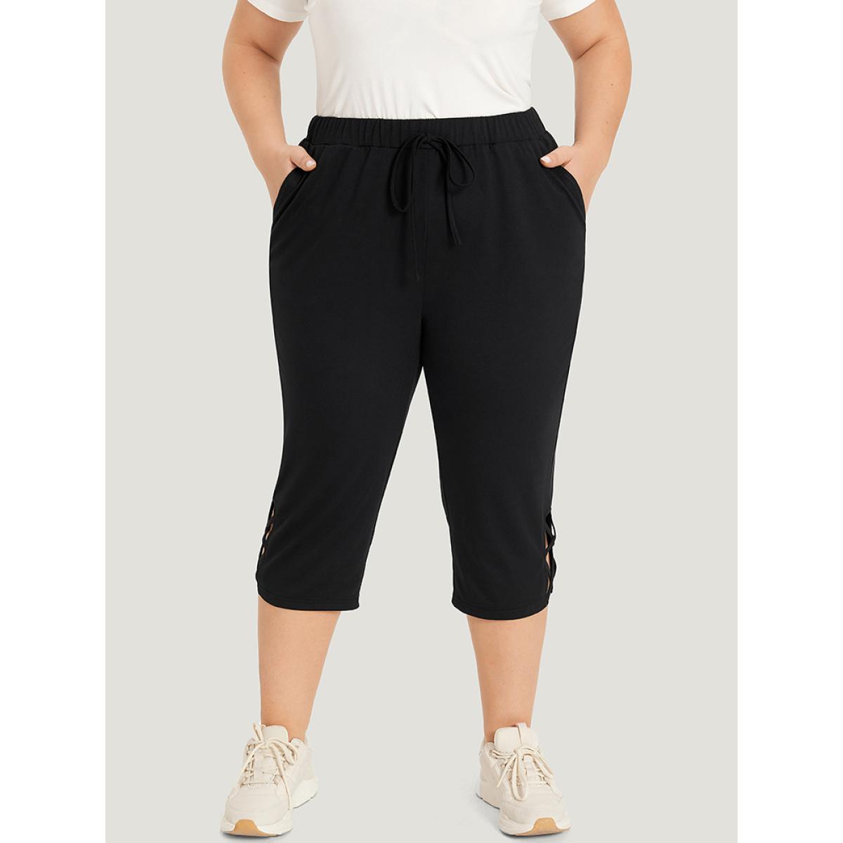 Plain Slant Pocket Crisscross Hem Skinny Sweatpants Black Plus Size Women Casual Dailywear Cross straps 14-16/1X Bloomchic Product Image