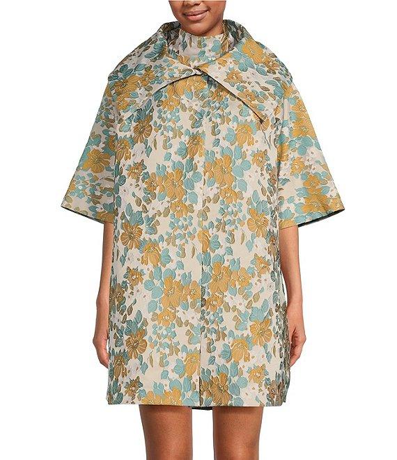 Buru Brocade Floral Oversized Point Collar 3/4 Sleeve Pocketed Topper Jacket Product Image