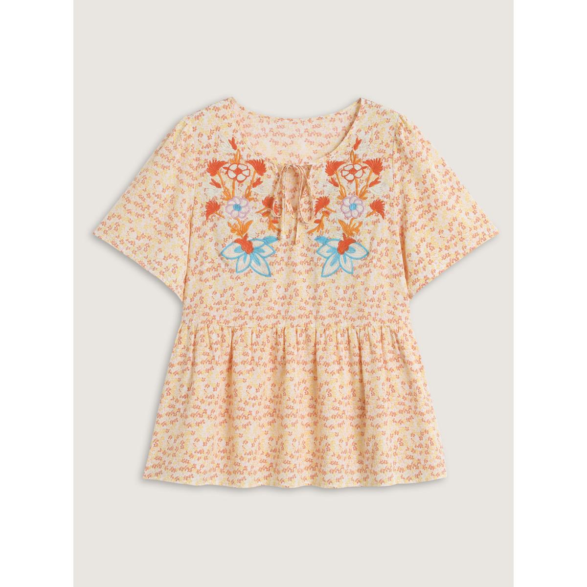 Plus Size Lightyellow Floral Embroidery Neck Tie Blouse Women Resort Half Sleeve V-neck Vacation Blouses BloomChic 18-20/2X Product Image