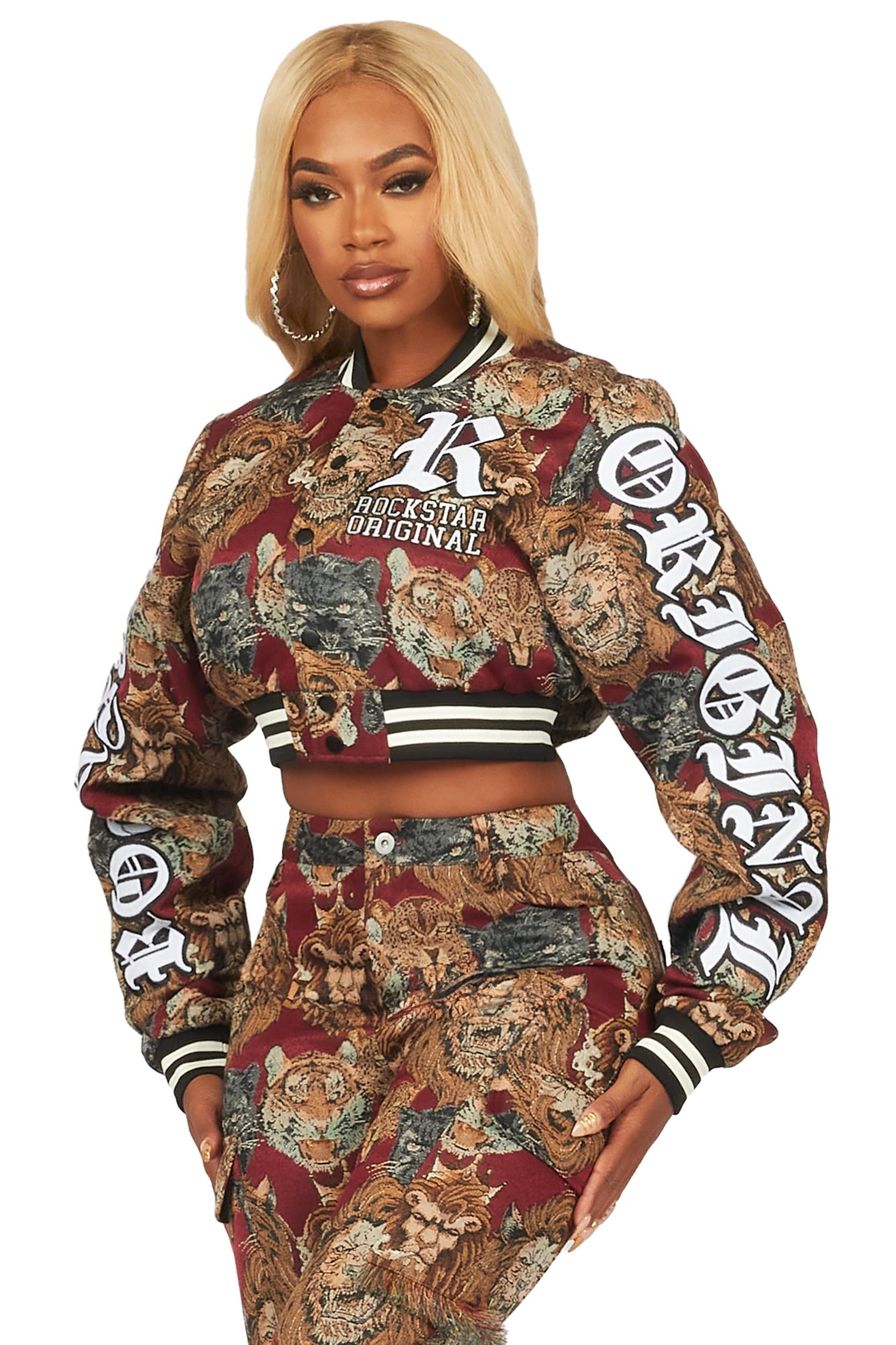 Khadiyah Red Crop Tapestry Varsity Jacket Female Product Image
