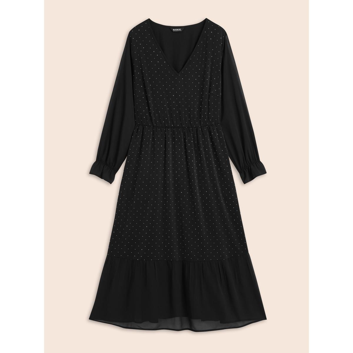 Plus Size V Neck Rhinestone Patchwork Ruffles Dress Pureblack Women Cocktail Rhinestone detailing Party Curvy Bloomchic 12/L Product Image