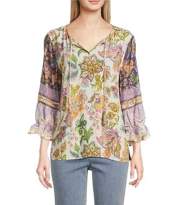 John Mark Embroidered Floral Split Tassel Tie Neck 3/4 Ruffle Sleeve Peasant Top Product Image