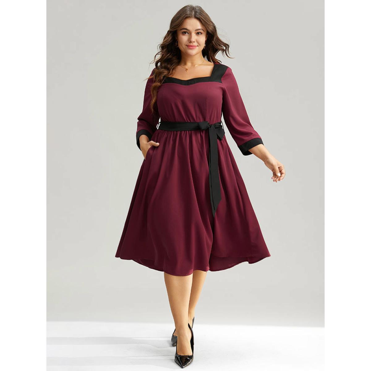 Plus Size Anti-Wrinkle Two Tone Patchwork Square Neck Dress Burgundy Women Elegant Belted Square Neck Elbow-length sleeve Curvy Midi Dress BloomChic 18-20/2X Product Image