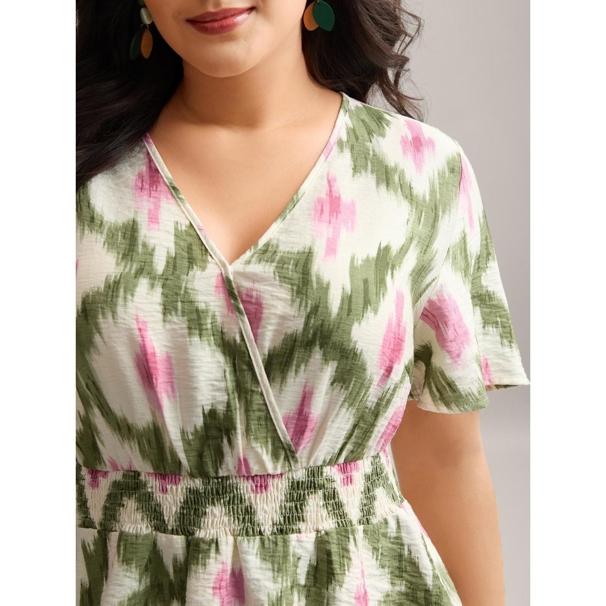 Plus Size Multicolor Tie-Dye Shirred Waist Pockets Blouse Women Short sleeve Overlap Collar Vacation Blouses BloomChic 30/6X Product Image