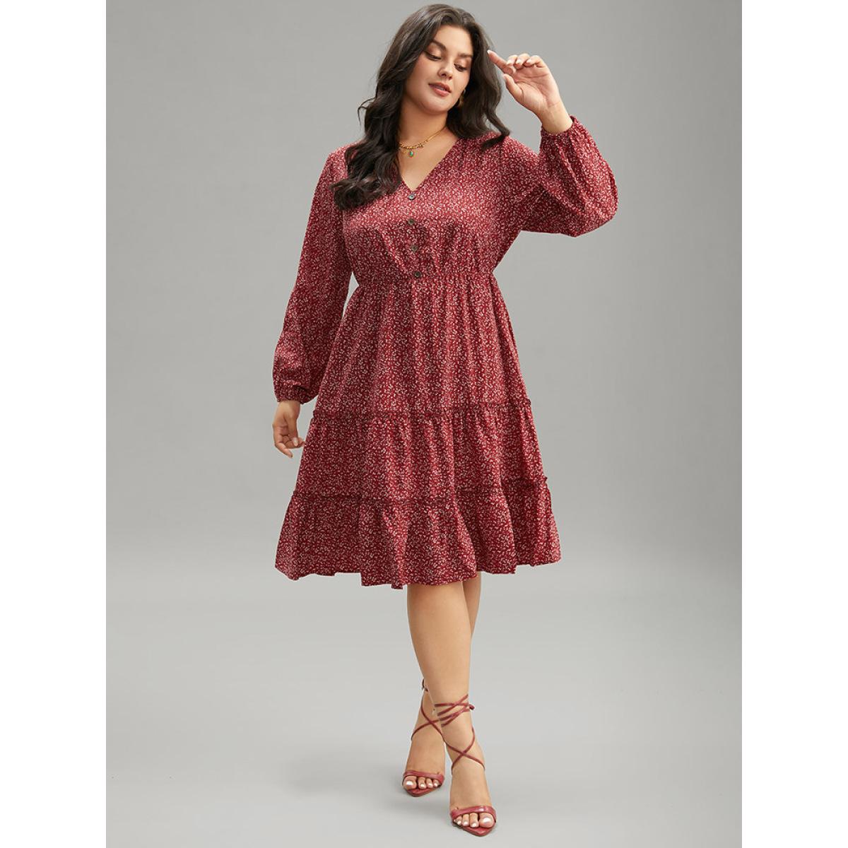 Plus Size Ditsy Floral V Neck Lantern Sleeve Ruffle Layered Hem Dress Scarlet Women Elegant Elastic cuffs V-neck Long Sleeve Curvy Midi Dress BloomChic 10/M Product Image