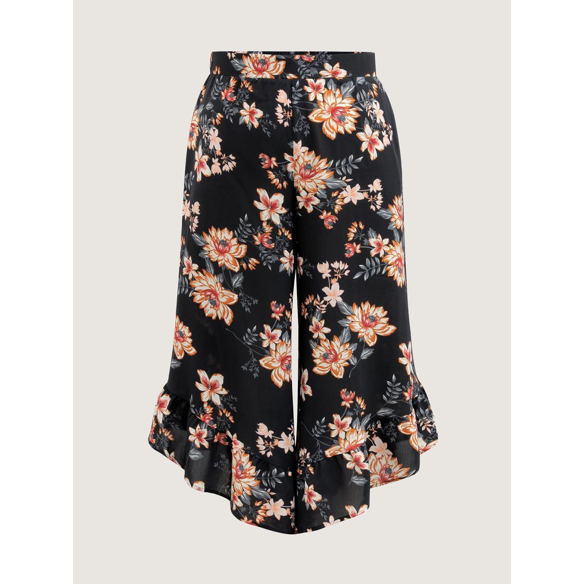 Plus Size Floral Print Ruffled Wide-Leg Pants Women BlackFlower Romantic Loose Mid Rise Elegant Pants BloomChic 30/6X Product Image