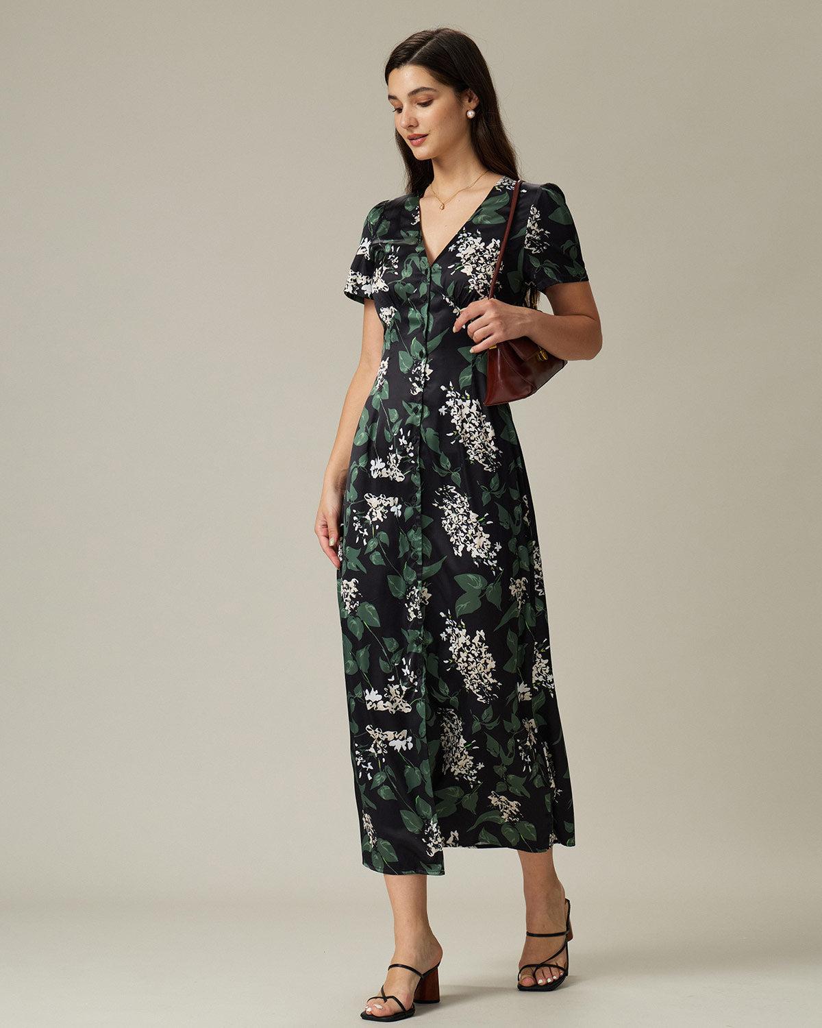 Black V Neck Floral Midi Dress Product Image
