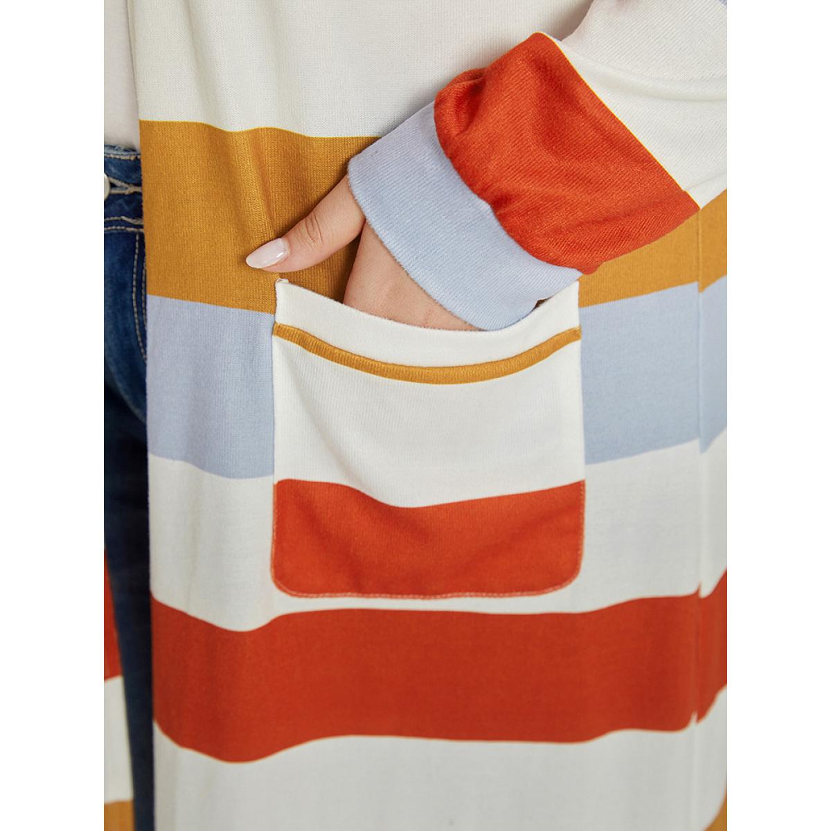 Plus Size Striped Contrast Patched Pocket Open Front Kimono Women Multicolor Casual Elastic cuffs Pocket Dailywear Kimonos BloomChic 12/L Product Image