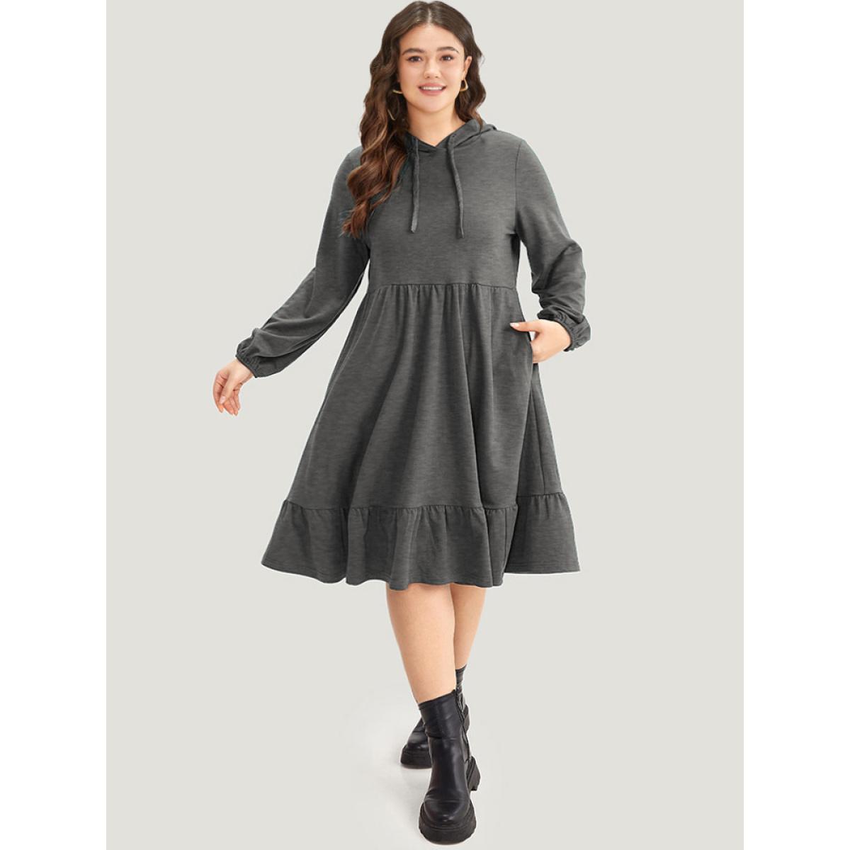 Plus Size Hooded Lantern Sleeve Flutter Hem Dress DimGray Women Casual Elastic cuffs Hooded Long Sleeve Curvy Midi Dress BloomChic 14-16/1X Product Image