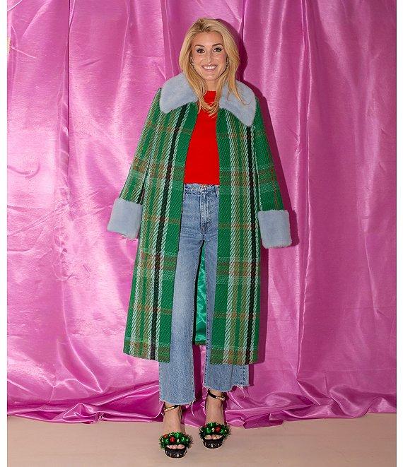 Antonio Melani x The Nat Note Patsy Textured Plaid Tweed Peter Pan Faux Fur Collar Trench Coat Product Image