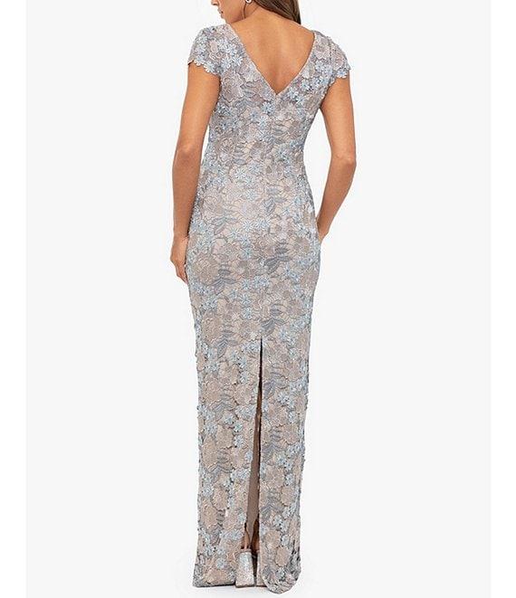 Xscape Lace Boat Neck Short Sleeve Back Slit Gown Product Image
