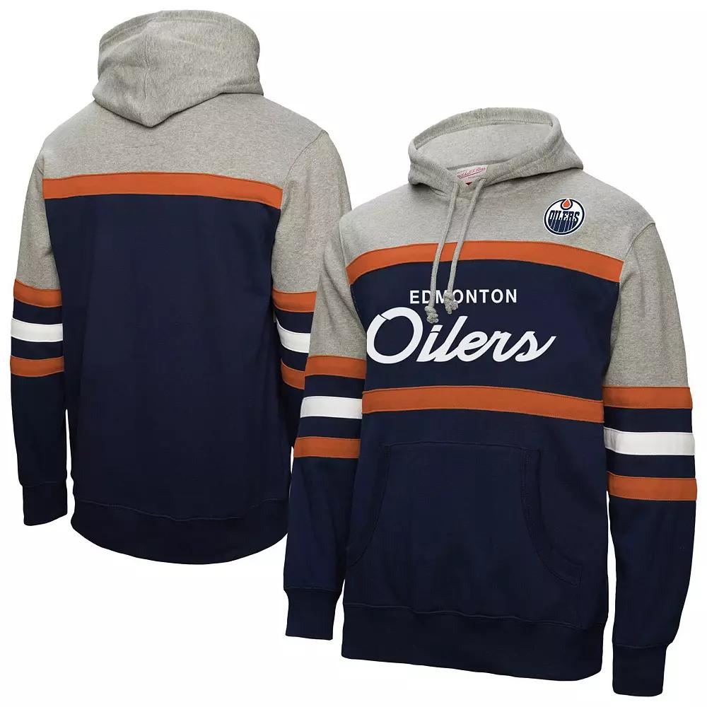 Men's Mitchell & Ness Navy/Gray Edmonton Oilers Head Coach Pullover Hoodie,  Product Image