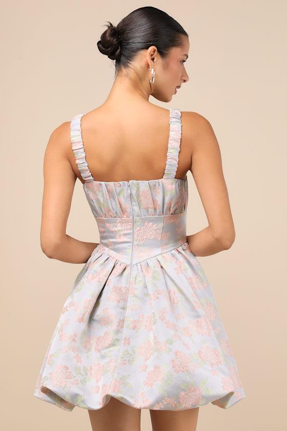 Sweet Charm Light Blue Jacquard Bubble-Hem Mini Dress Product Image