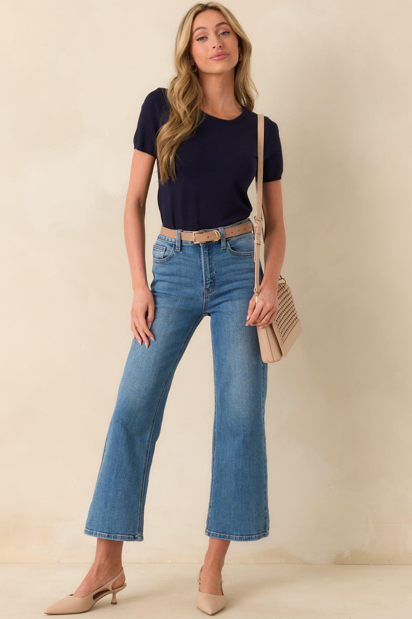 Cross Your Mind Navy Short Sleeve Sweater Top Product Image