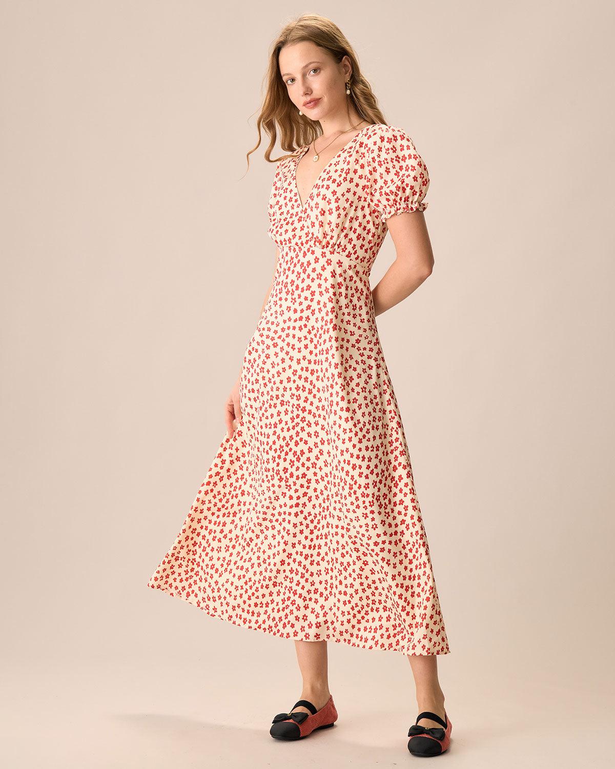 The Red V-Neck Floral Puff Sleeve Maxi Dress Product Image