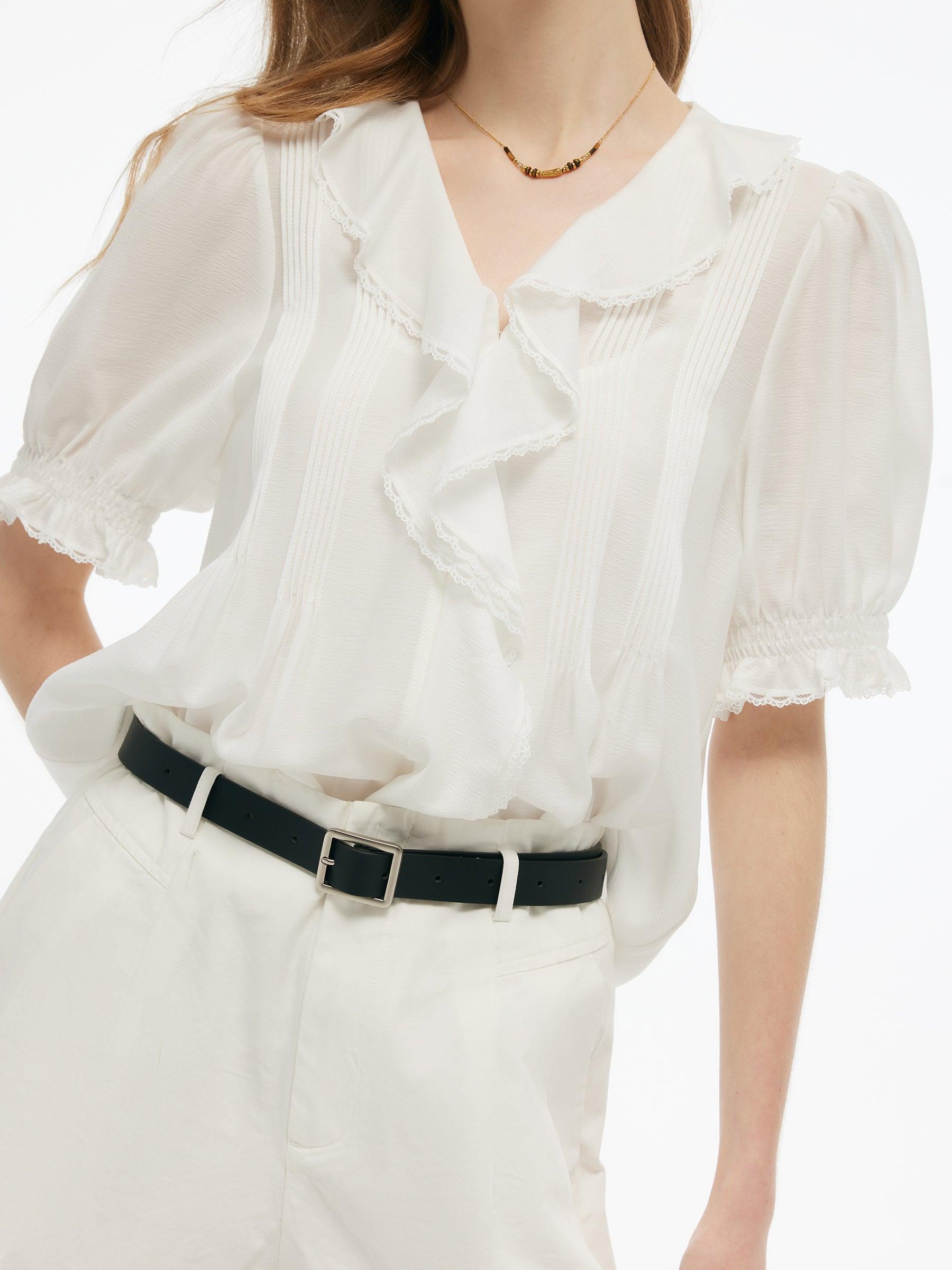 Acetate Blend Ruffle V-Neck Women Blouse Product Image