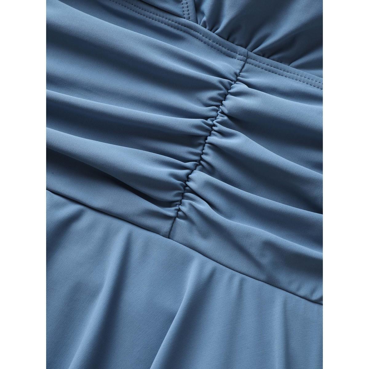 Plus Size Plain Overlap Collar Ruched Swim Dress Women's Swimwear Aegean Beach Bodycon Overlap Collar High stretch Curve Swim Dresses BloomChic 22-24/3X Product Image