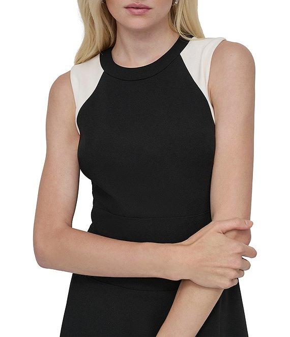 DKNY by Donna Karan Scuba Crepe Colorblock Crew Neck Sleeveless Fit and Flare Dress Product Image