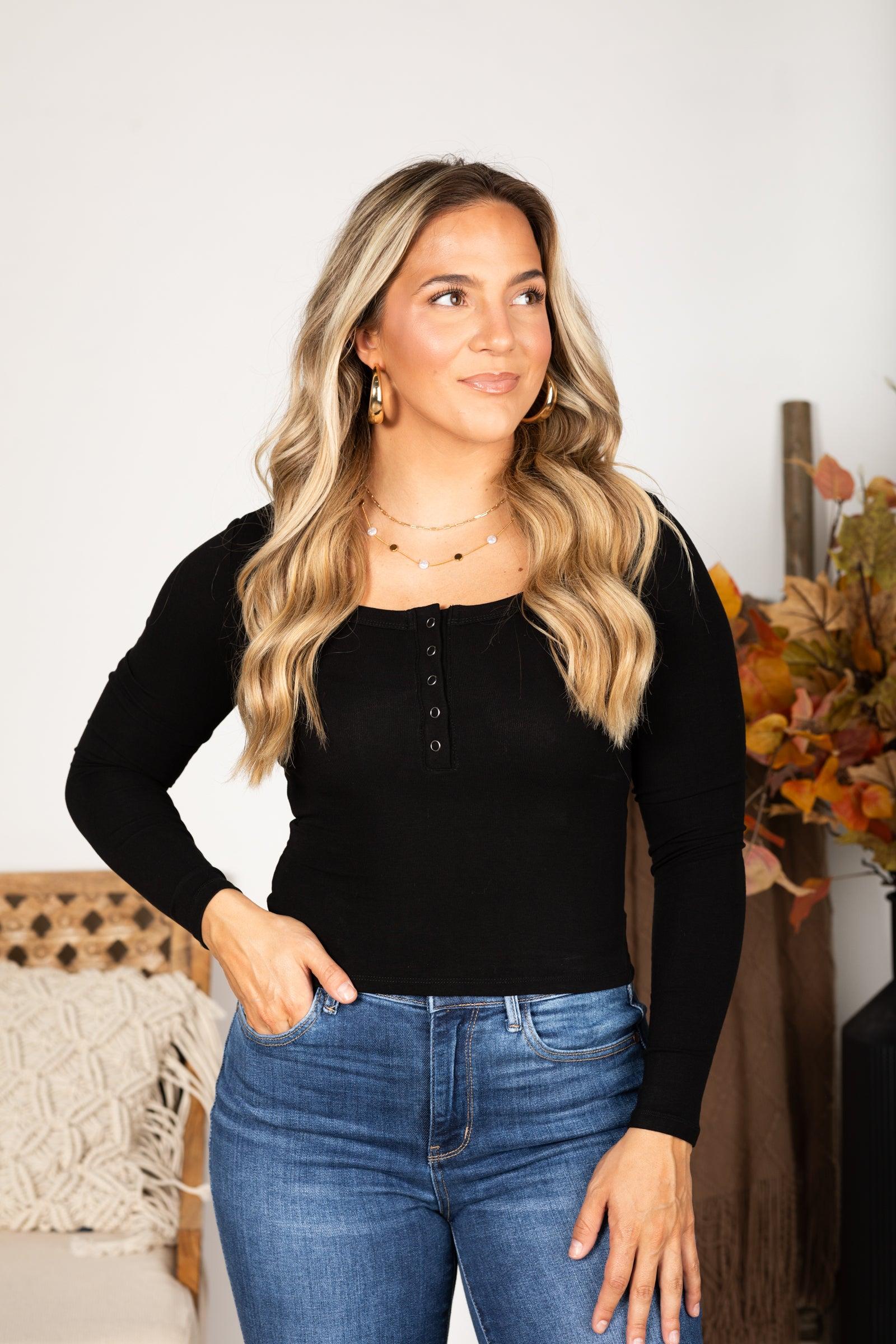 Scoop Neck Long Sleeve Henley Knit Top Product Image