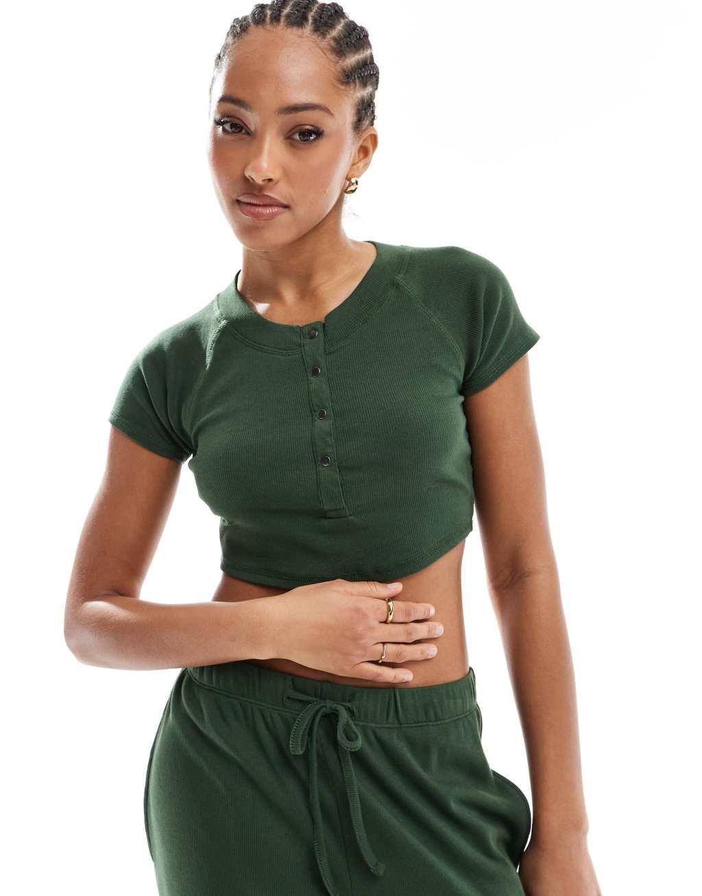 Brave Soul ribbed cropped t-shirt and wide leg pants lounge set in khaki Product Image