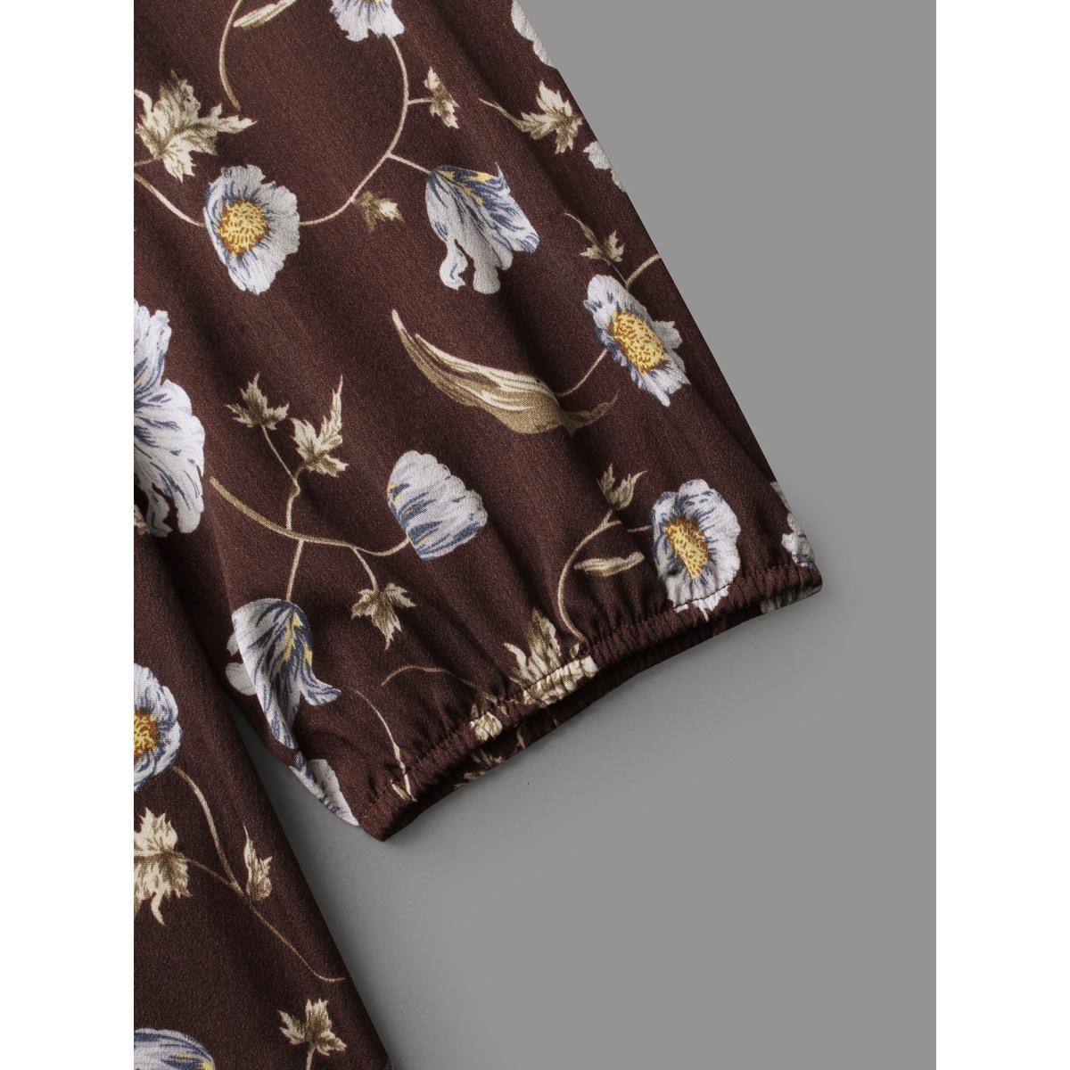 Plus Size DarkBrown Floral Lantern Sleeve Frill Trim Blouse Women Elegant Long Sleeve V-neck Everyday Blouses BloomChic 28/5X Product Image