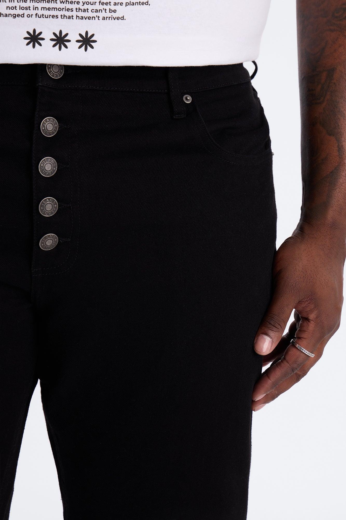 Stacked Slim Flare Exposed Button Front Slit Jean - Black Male Product Image