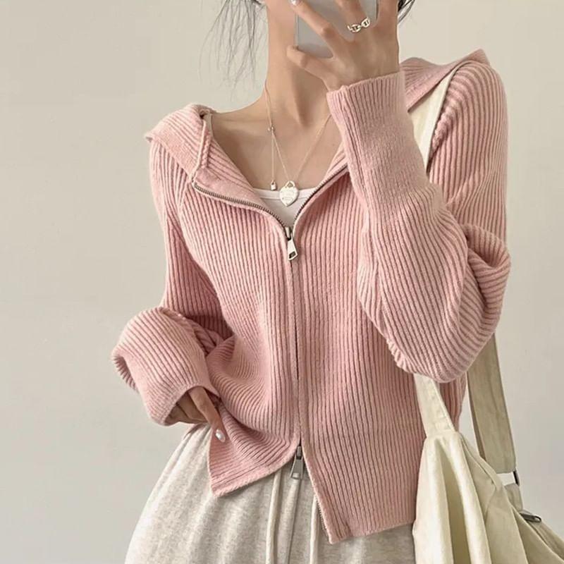 Plain Ribbed Zip-Up Knit Hoodie Product Image