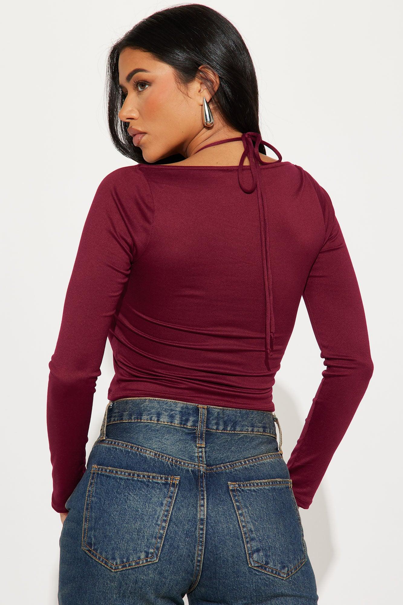 My Flow Long Sleeve Halter Top - Burgundy Product Image