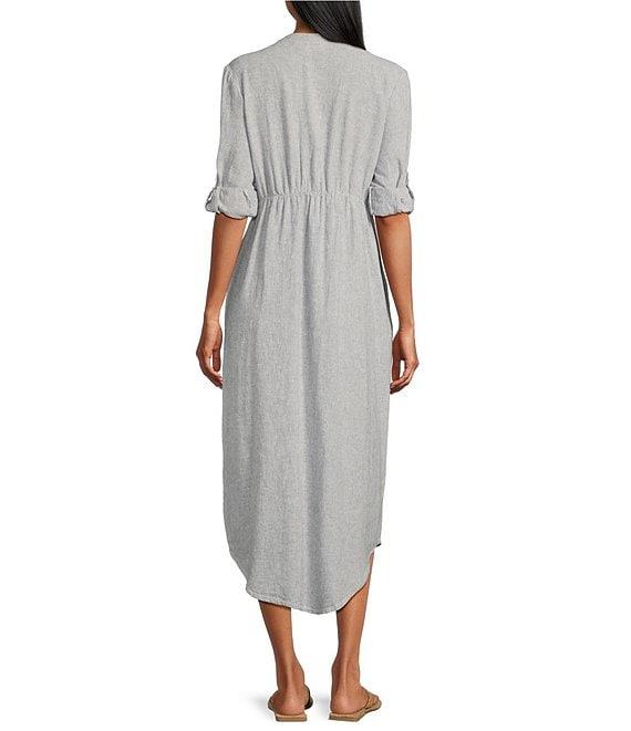 Westbound Stripe 3/4 Rolled Sleeve Y-Neck Button-Front Maxi Shirt Dress Product Image