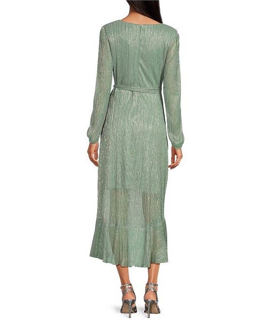 Kensie Metallic Faux Wrap Long Sleeve Crinkle Knit Sheer Overlay Surplice V-Neck Ruffle Hem Midi Dress Product Image